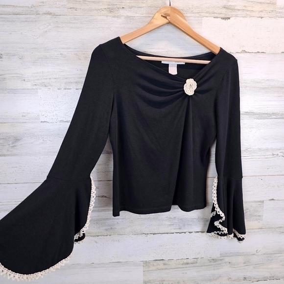 Vintage Y2K Black Knit Top MP Flared Sleeves Rosette Flower Balletcore Soft Girl - Picture 14 of 16